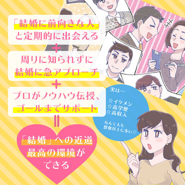 結婚に前向きな人と定期的に会え、周りに知られずに結婚に急アプローチできる
